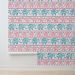 Pink And Teal Ethnic Elephant Pattern Wallpaper