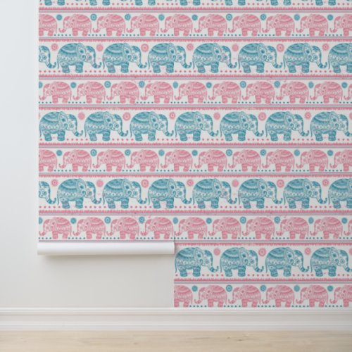 Pink And Teal Ethnic Elephant Pattern Wallpaper