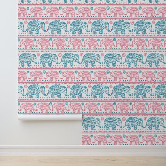 Pink And Teal Ethnic Elephant Pattern Wallpaper (Application)