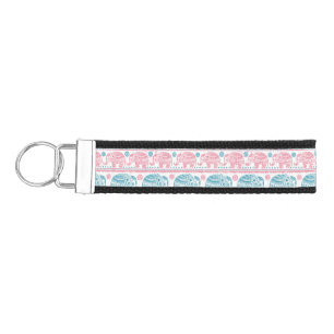 Pink And Teal Ethnic Elephant Pattern Wrist Keychain