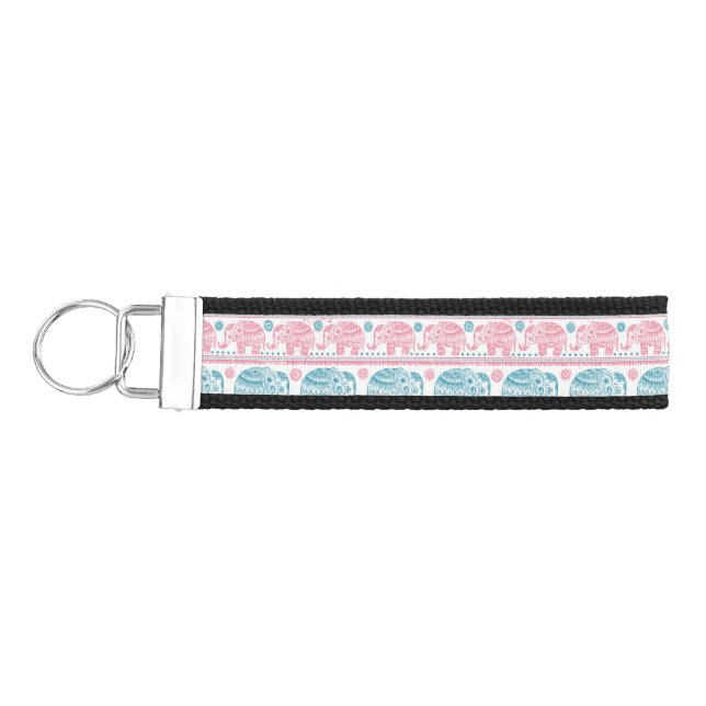 Pink And Teal Ethnic Elephant Pattern Wrist Keychain (Keys on Left)