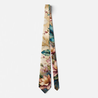 Pink and teal Floral Beauty on Beige Neck Tie
