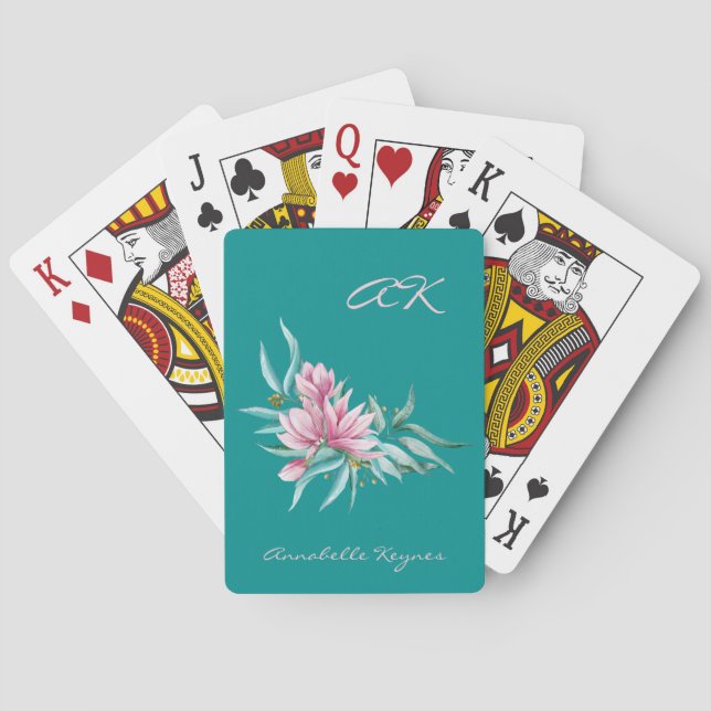 Pink and teal floral botanical elegant monogrammed poker cards (Back)