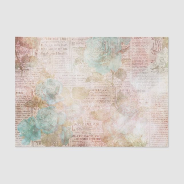 Pink and Teal Floral Ephemera Tissue Paper (Front)