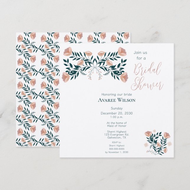 Pink and Teal Folk Art Floral Invitation (Front/Back)