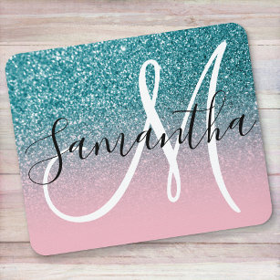 Pink and Teal Glitter Ombre Monogram Mouse Pad