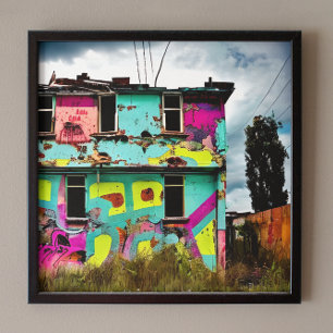 Pink and Teal Graffiti Art Abandoned House Canvas Print