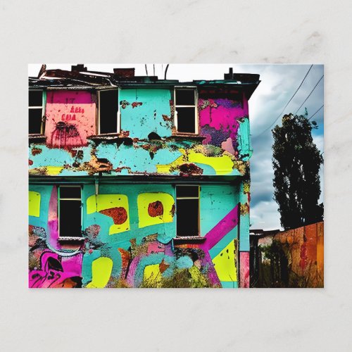 Pink and Teal Graffiti Art  Abandoned House Postcard