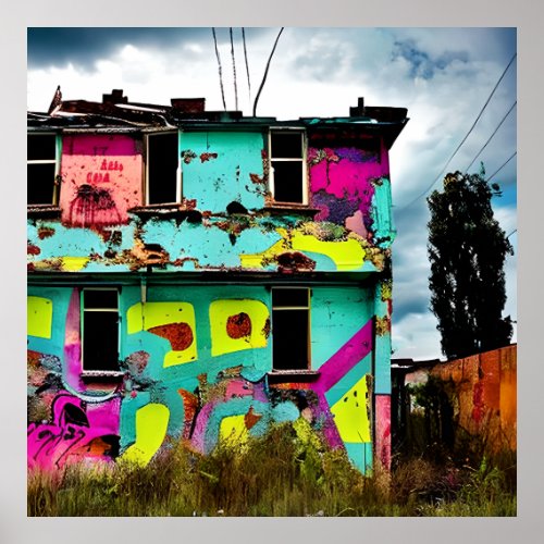 Pink and Teal Graffiti Art  Abandoned House Poster