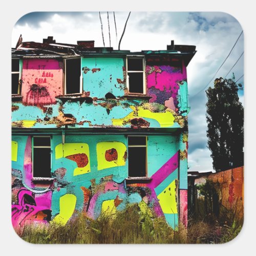 Pink and Teal Graffiti Art  Abandoned House Square Sticker