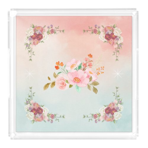 Pink and Teal Graphic Design Flourishing Flowers Acrylic Tray