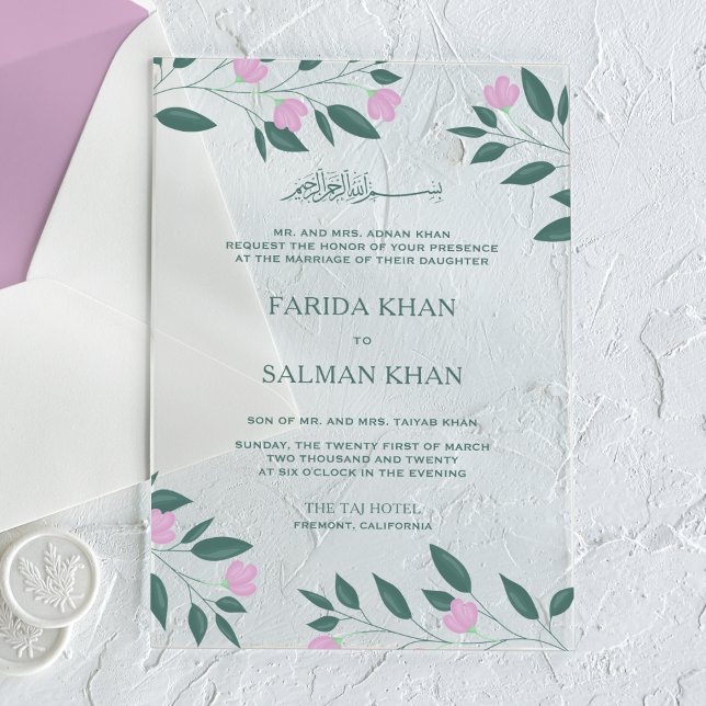 Pink and Teal Green Branch Islamic Muslim Wedding Acrylic Invitations (Creator Uploaded)
