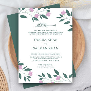 Pink and Teal Green Branch Islamic Muslim Wedding Invitation