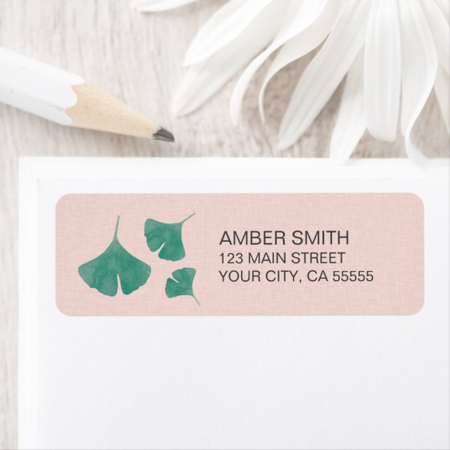 Pink and Teal Green Watercolor Ginkgo Leaf Trio Label (Insitu)