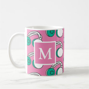 Pink and Teal Headphones Pop Art Pattern Monogram Coffee Mug