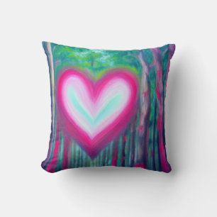 Pink and Teal Heart in a Forest Pillow
