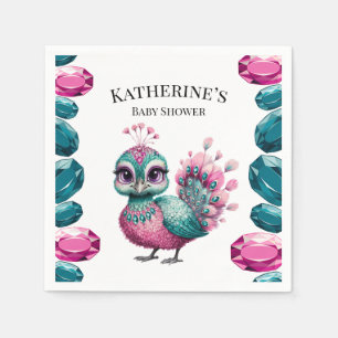 Pink and Teal Jewel Baby Peacock Baby Shower Napkins