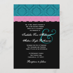 Pink and Teal Lace Wedding Monogram P513 Invitation