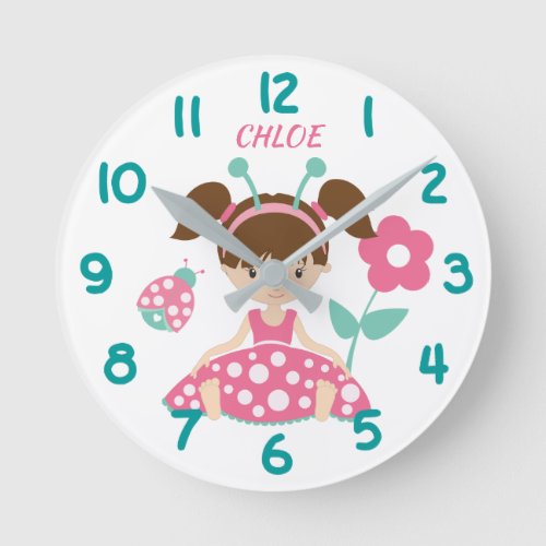 Pink and Teal Ladybug Girl Round Clock