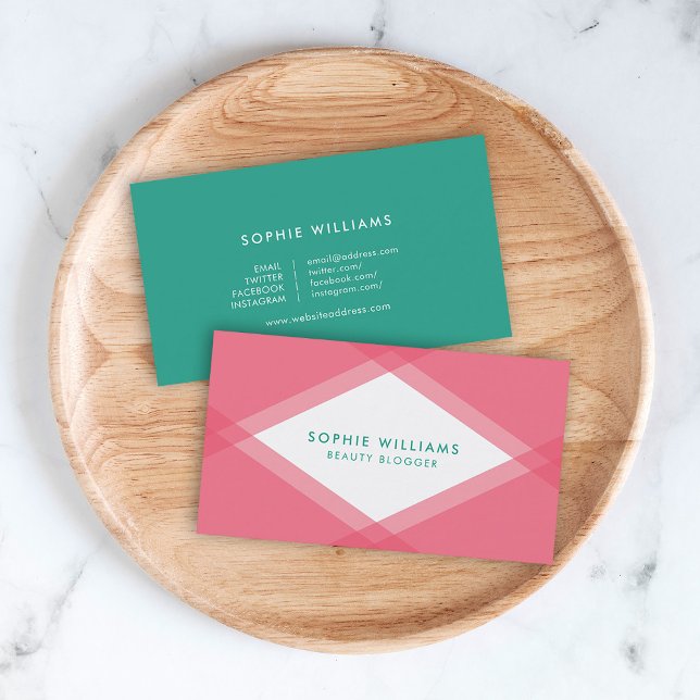 Pink and Teal Layered Geometric Social Media Business Card (Creator Uploaded)