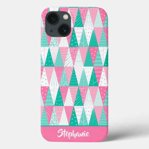 Pink and Teal Minimalist Christmas Trees iPhone 13 Case