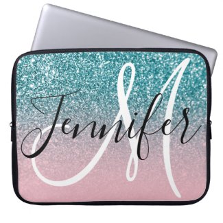 Pink and Teal Ombre Glitter Monogrammed Computer Sleeve