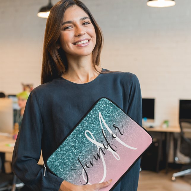Pink and Teal Ombre Glitter Monogrammed Laptop Sleeve (You can change the font style, size and placement of the name and monogram.)
