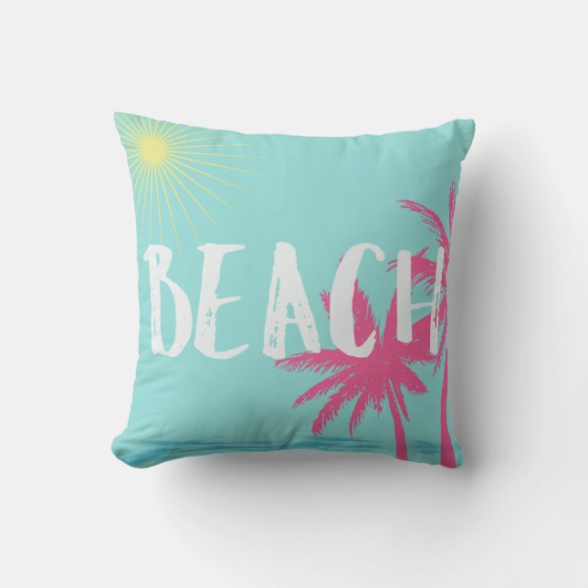 Pink and Teal Palm Tree Beach Pillow (Front)