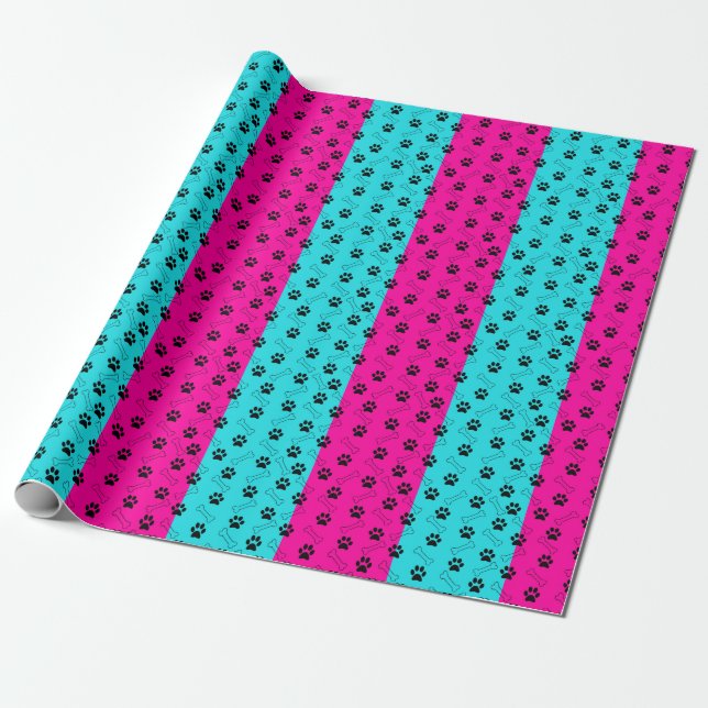 Pink and Teal Paw Print Wrapping Paper (Unrolled)