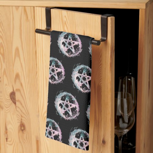 Pink and Teal Pentagram Witchcraft Black Halloween Kitchen Towel