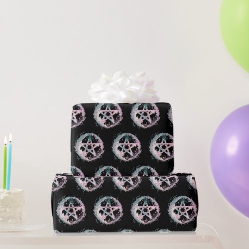 Pink and Teal Pentagram Witchcraft Black Halloween Wrapping Paper