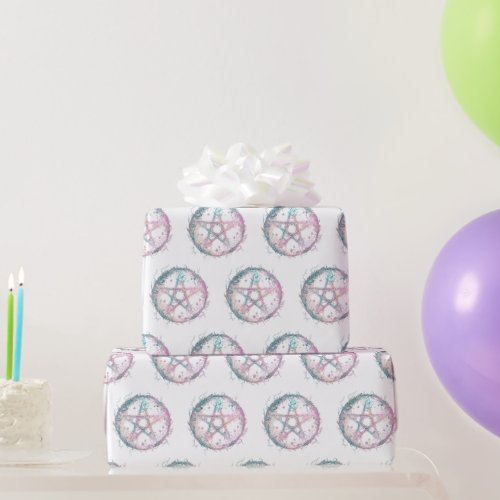 Pink and Teal Pentagram Witchcraft White Halloween Wrapping Paper