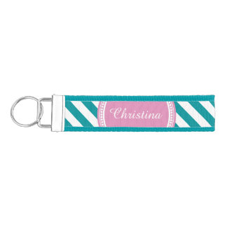 Pink and Teal Personalized Diagonal Stripe Girls Wrist Keychain