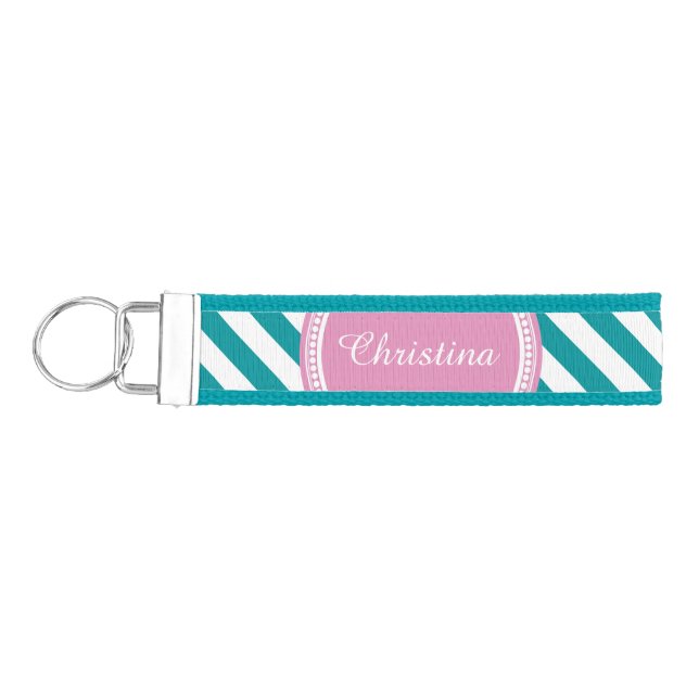 Pink and Teal Personalized Diagonal Stripe Girls Wrist Keychain (Keys on Left)