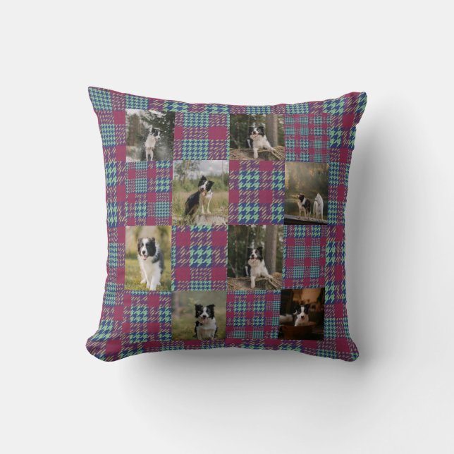 Pink and Teal Plaid 8 Photo Collage Throw Pillow (Front)