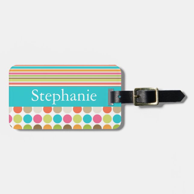 Pink and Teal Polka Dot Personalized  Luggage Tag (Front Horizontal)