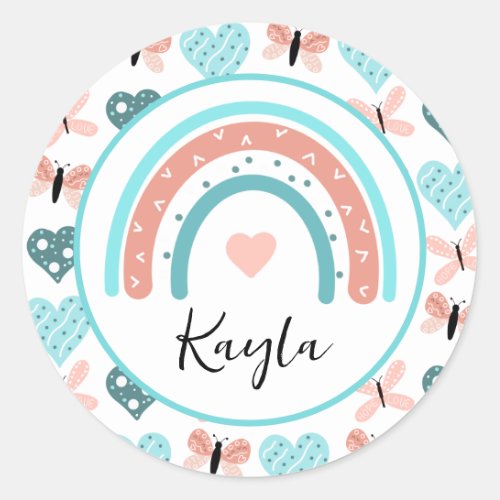 Pink and Teal Rainbows Butterflies and Hearts Classic Round Sticker