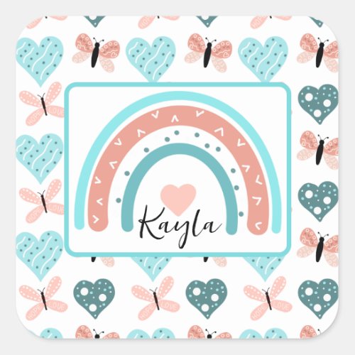 Pink and Teal Rainbows Butterflies and Hearts Square Sticker
