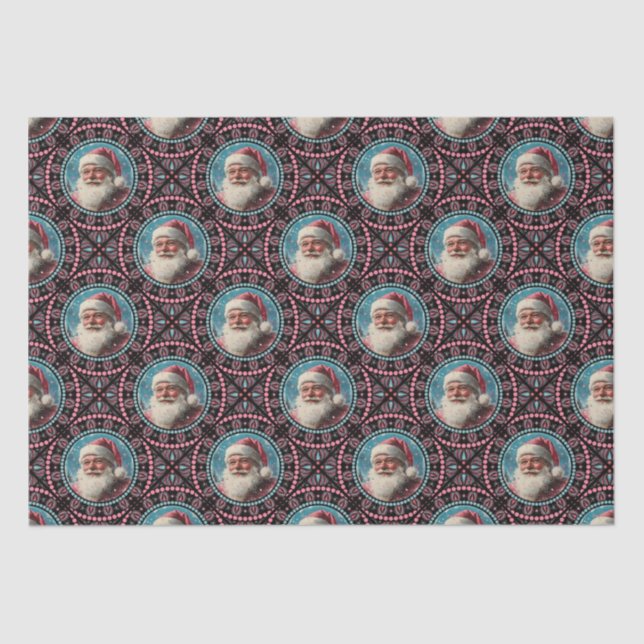 Pink and Teal Retro Santa Mandala Geometric Tile Tissue Paper (Front)