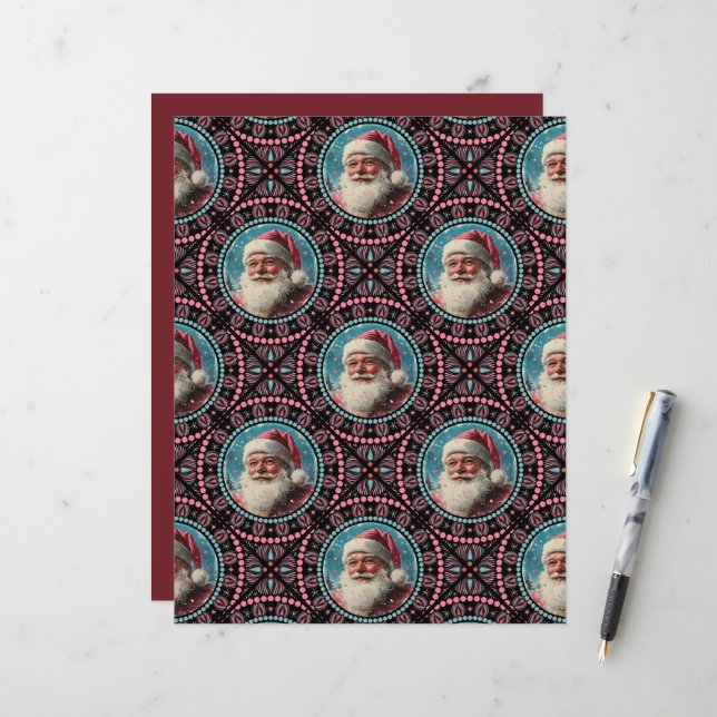 Pink and Teal Retro Santa Mandala Tile Scrapbook (Front/Back In Situ)