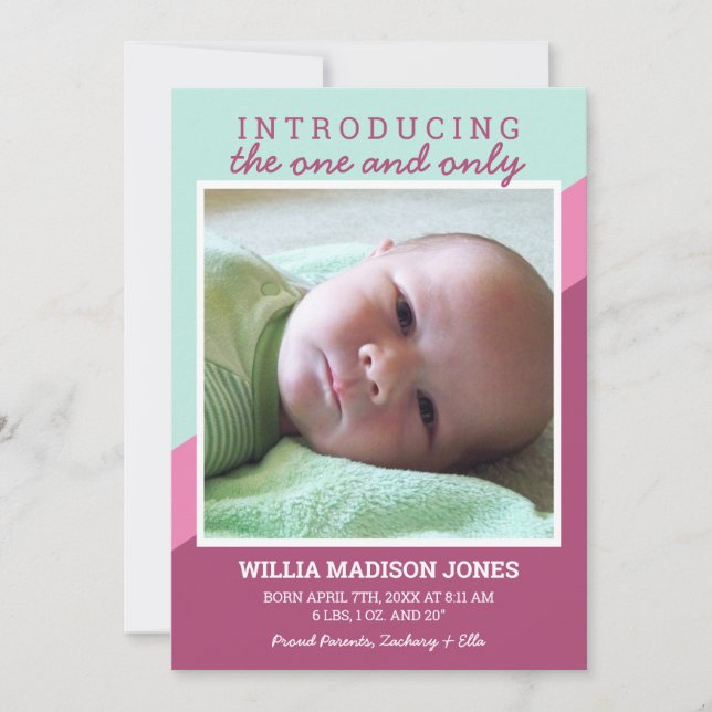 Pink and Teal Retro Stripes Baby Birth Announcement (Front)