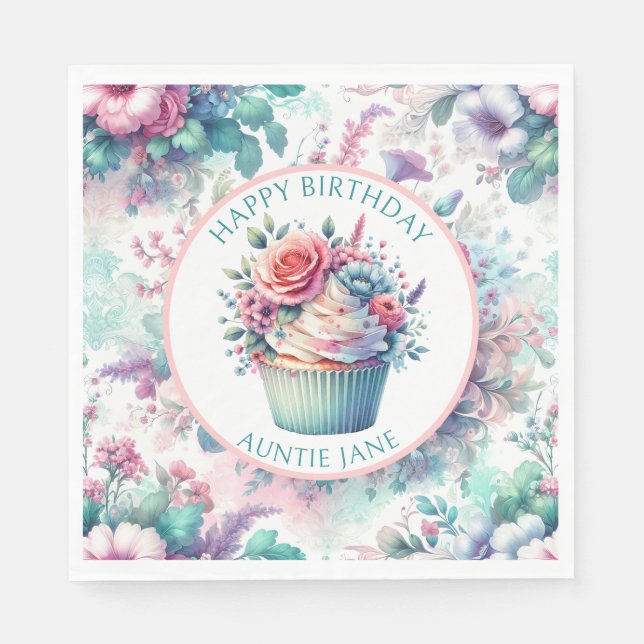 Pink and Teal Shabby Chic Floral Party Napkins (Front)