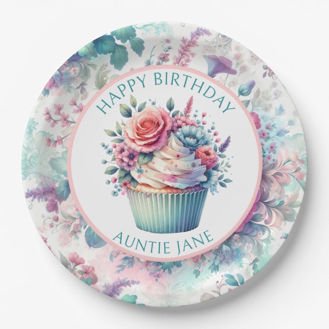 Pink and Teal Shabby Chic Floral Party Paper Plates (Front)
