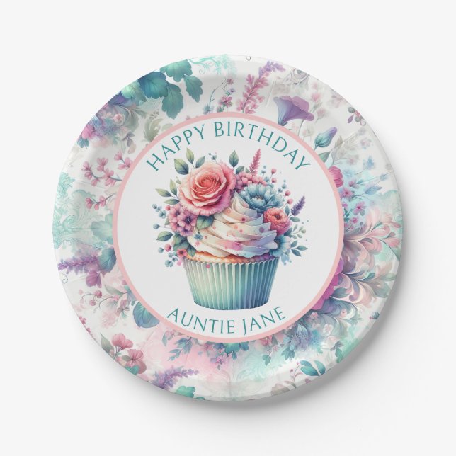 Pink and Teal Shabby Chic Floral Party Paper Plates (Front)