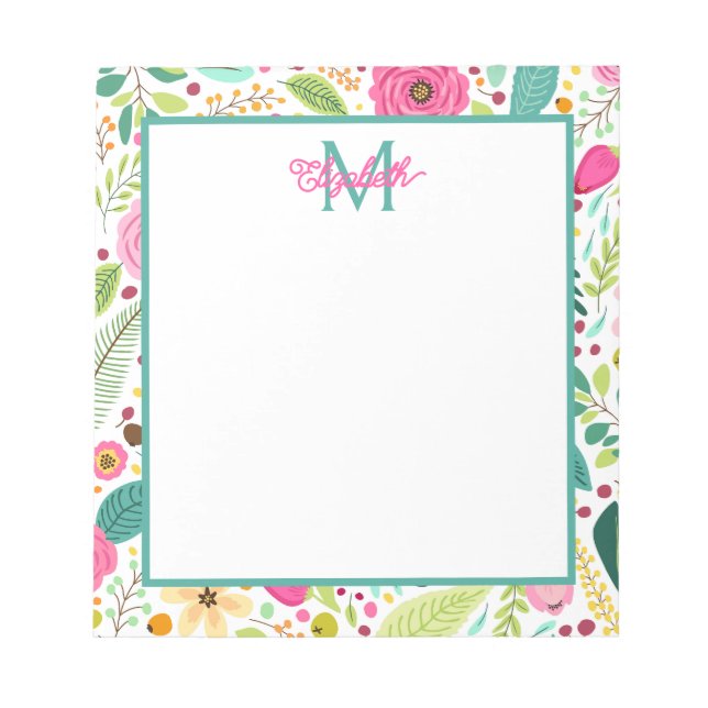 Pink and Teal Spring Floral Monogram Notepad (Front)