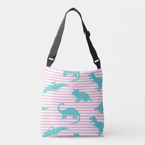 Pink and Teal stripe Dinosaurs crossbody tote bag