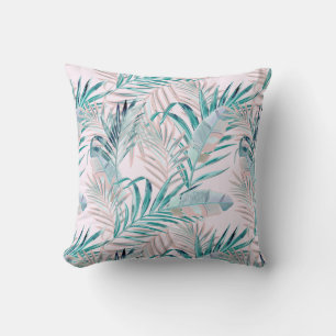 Pink and Teal Tropical Ferns and Feathers Throw Pillow