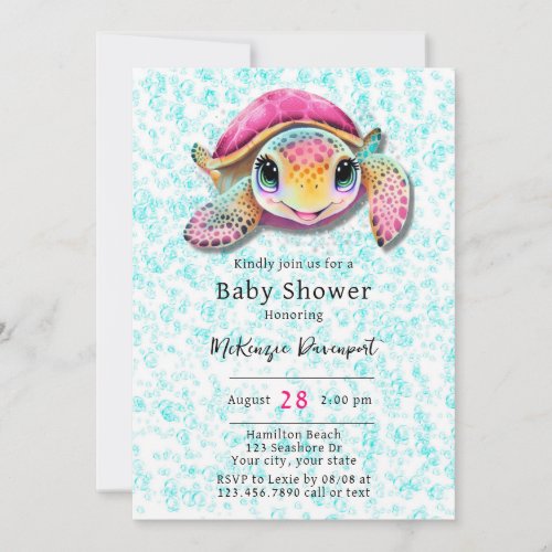 Pink and Teal Turtle Girl Baby Shower Invitation