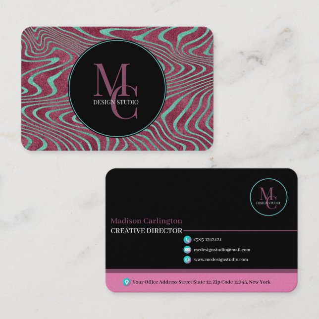 Pink and Teal twisted lines foil effect Business Card (Front/Back)