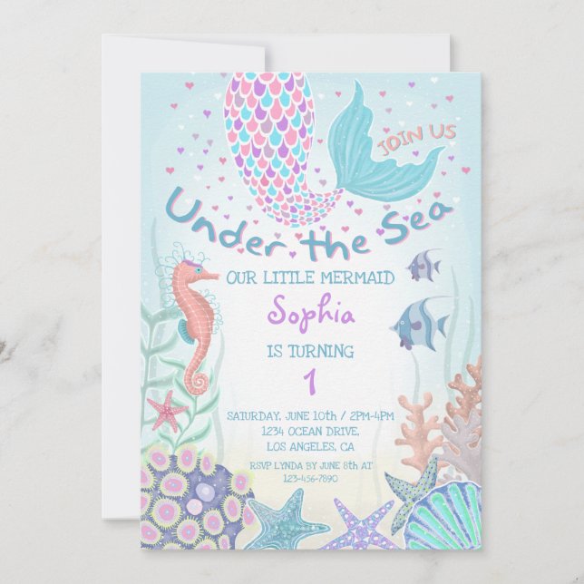 Pink and Teal Under the Sea Mermaid Birthday Invitation (Front)
